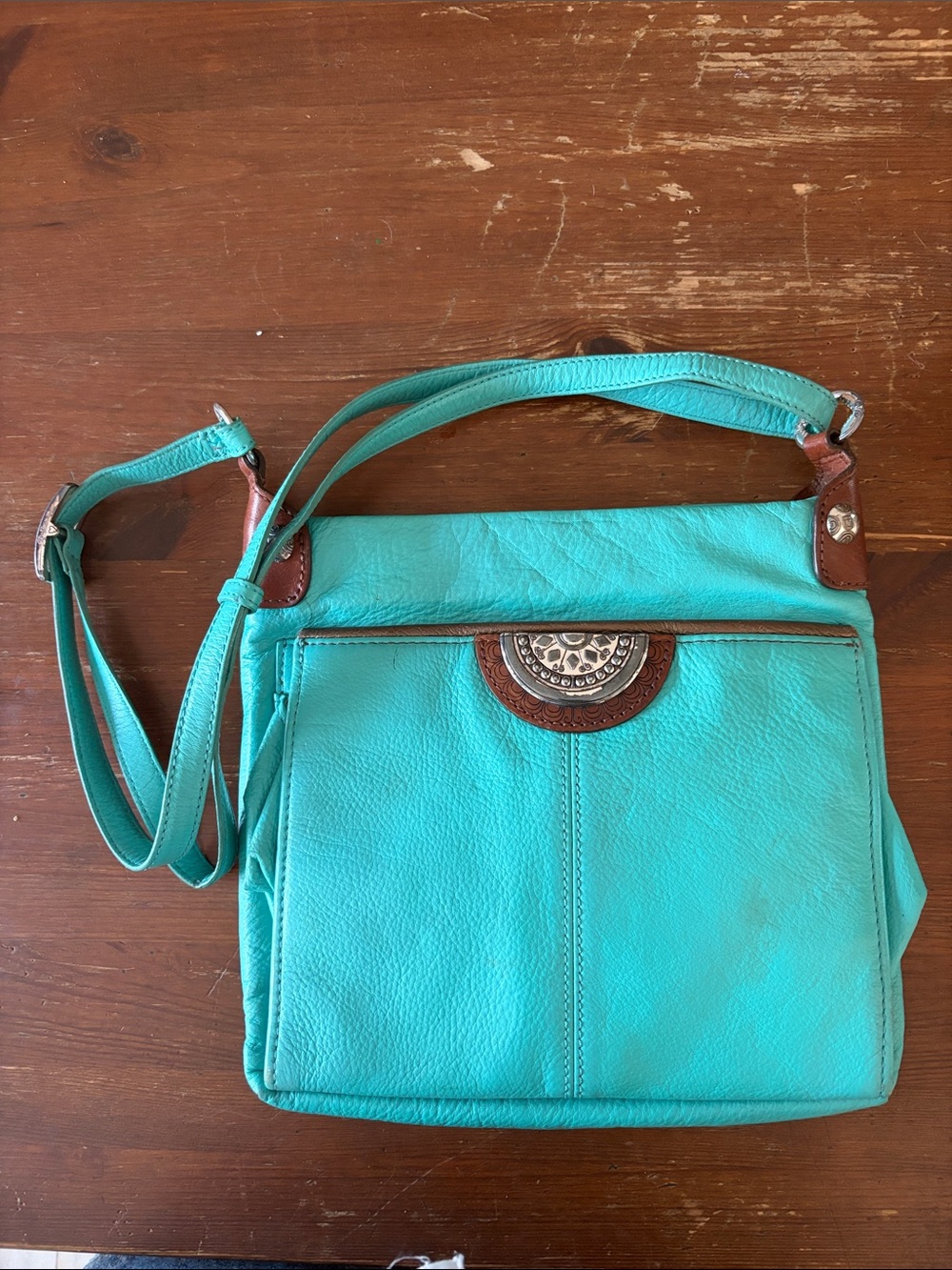 Brighton Turquoise Leather Crossbody magnetic and zip Bag with Brown Trim